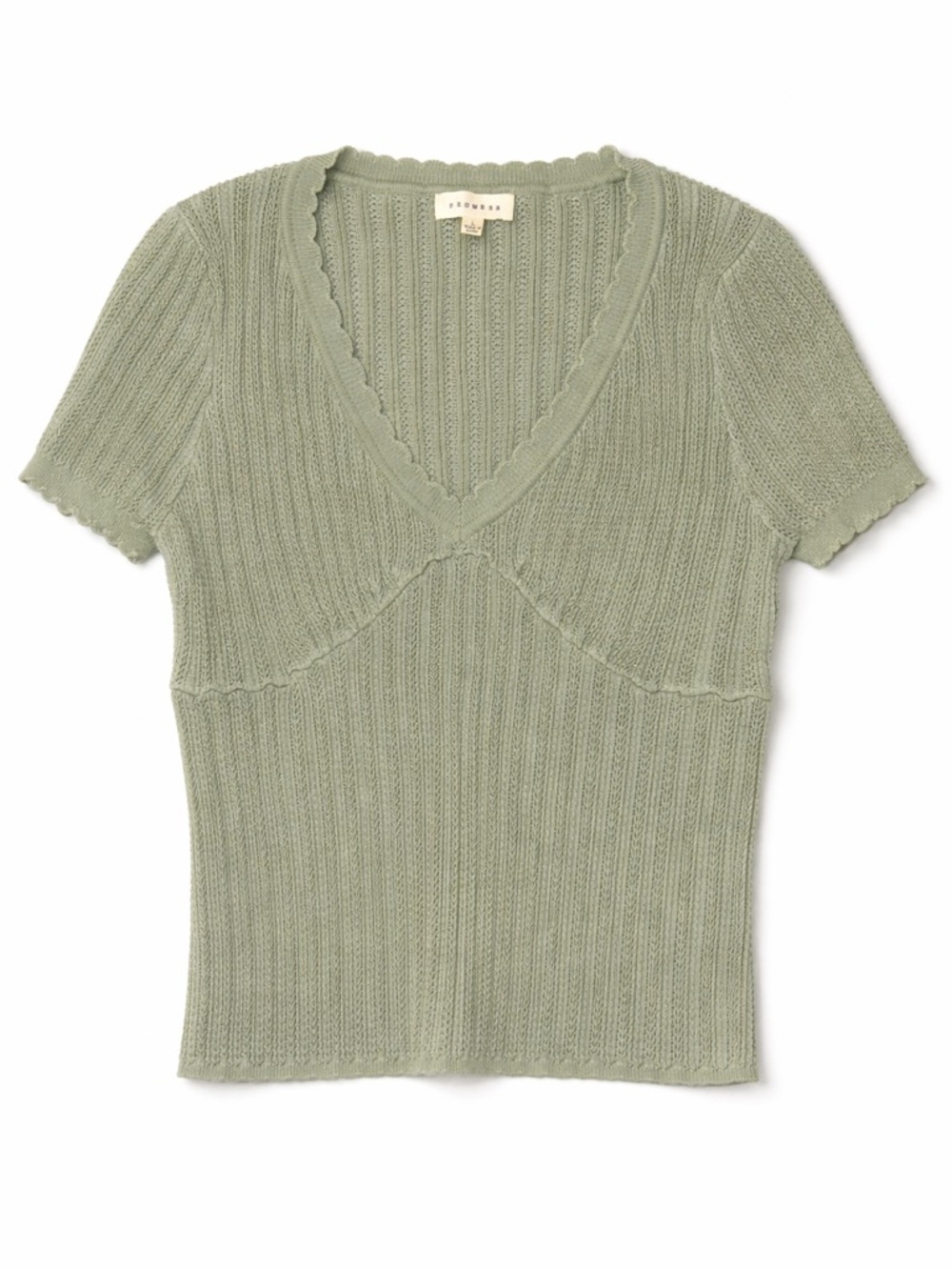 Promesa Sage Green Ribbed Knit Crop Top Boho V-Neck Scallop Trim Size S